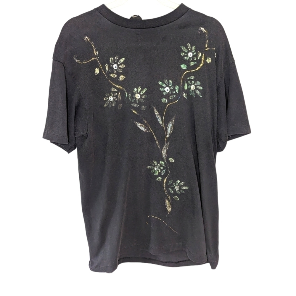 3D Emblem Vintage Womans Vine Sequin Floral Tshirt XL